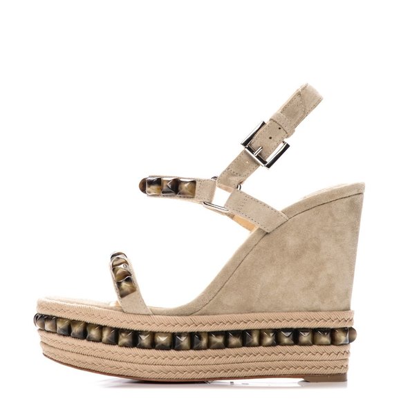 ❌SOLD❌Christian Louboutin Veau Velours Cataclou 120 Wedge Sandals Sable Corne - Picture 2 of 11